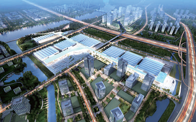 瞄準(zhǔn)市場空白 漢諾威之約帶來順德會展春天(圖1) 廣東(潭洲) 國際會展中心設(shè)計方案夜景鳥瞰。
